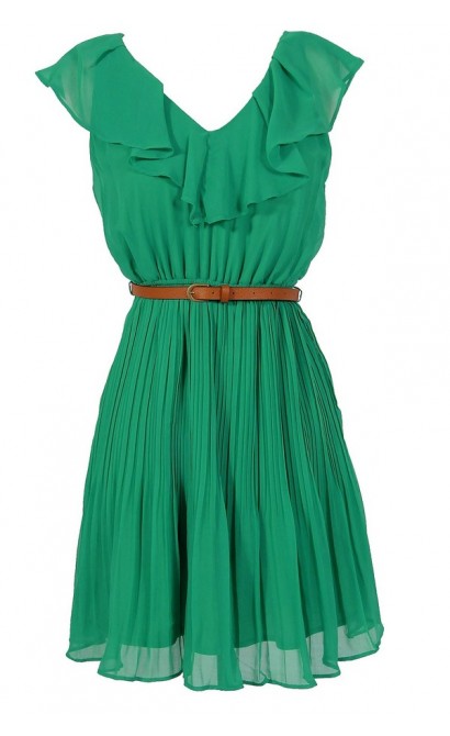 Katrina Ruffle Contrast Belted Dress in Jade